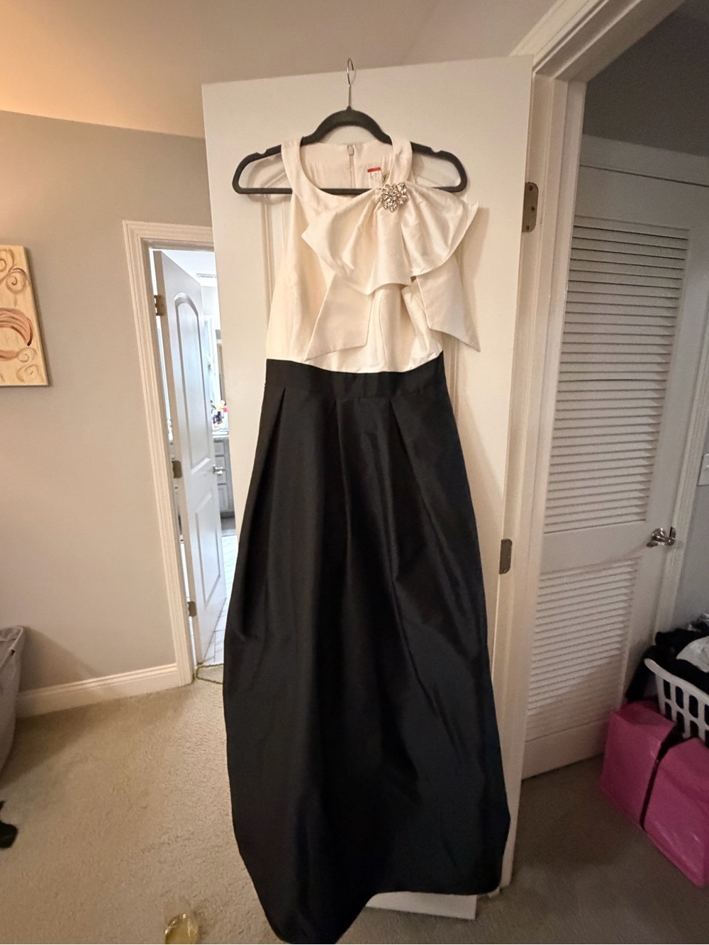 Eliza J Ivory Satin Evening Dress with Crystal Embellishment